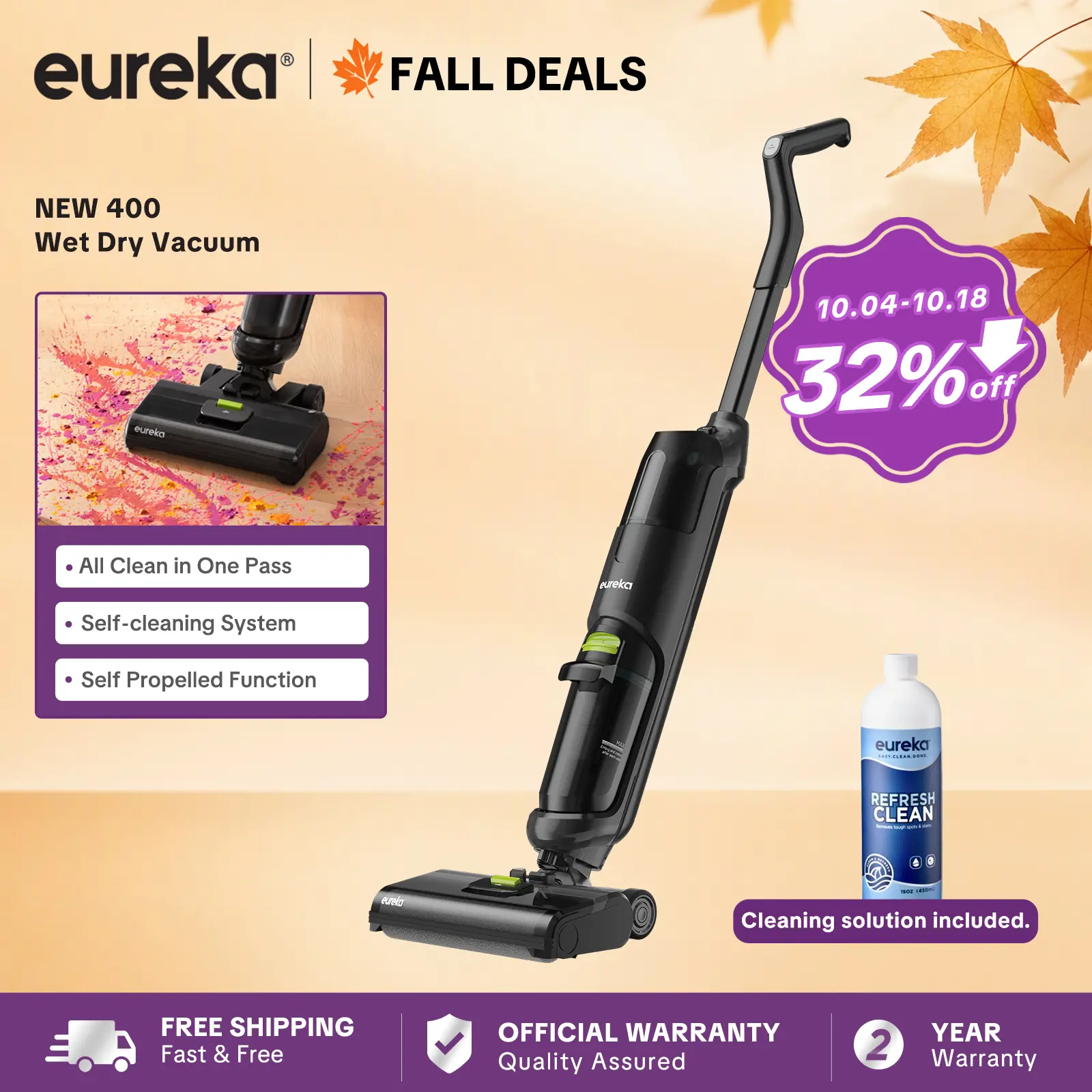 Eureka NEW400 Cordless Wet-Dry Hard Floor Cleaner - 2-in-1 Cordless Vacuum Mop, Self-Propelled, Self-Cleaning, Multi-Surface, Sticky Mess Cleaning, Durable Household Vacuum & Floor Care Appliance