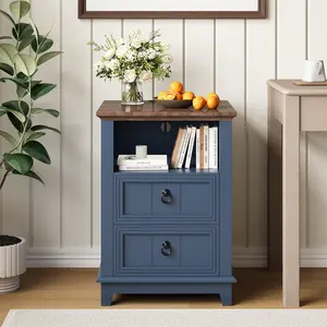 18" Farmhouse Night Stands, 2 Drawers End Table Dresser with Charging Station, Blue Wooden Nightstand with 2 Drawers and Open Shelf,for Bedroom, Living Room