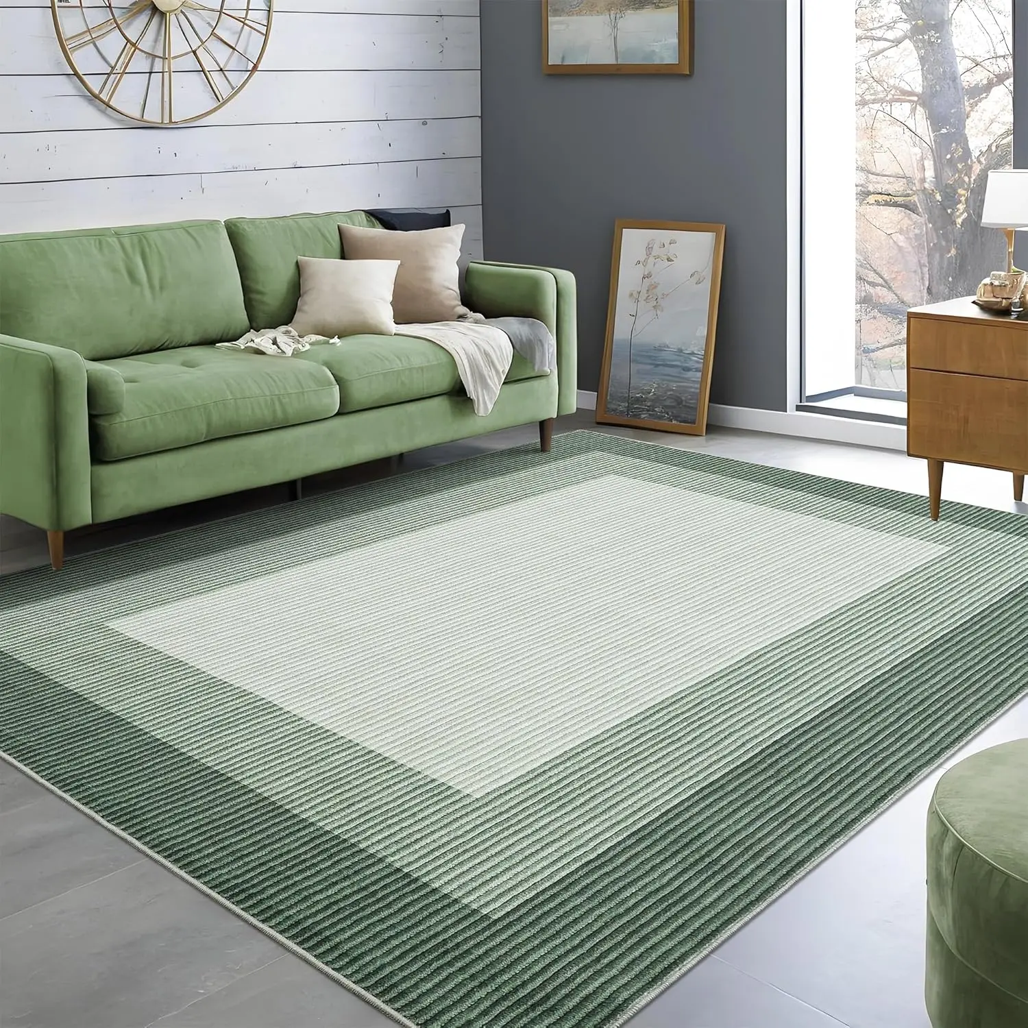 Living Room Rug Machine Washable Faux Wool Carpet with Non-Slip Backing, Stain Fade Resistant Low Pile Bordered Area Rug for Bedroom Playroom Dining Room Green, Rugs For Living Room, Non Slip Rugs, Living Room Rugs