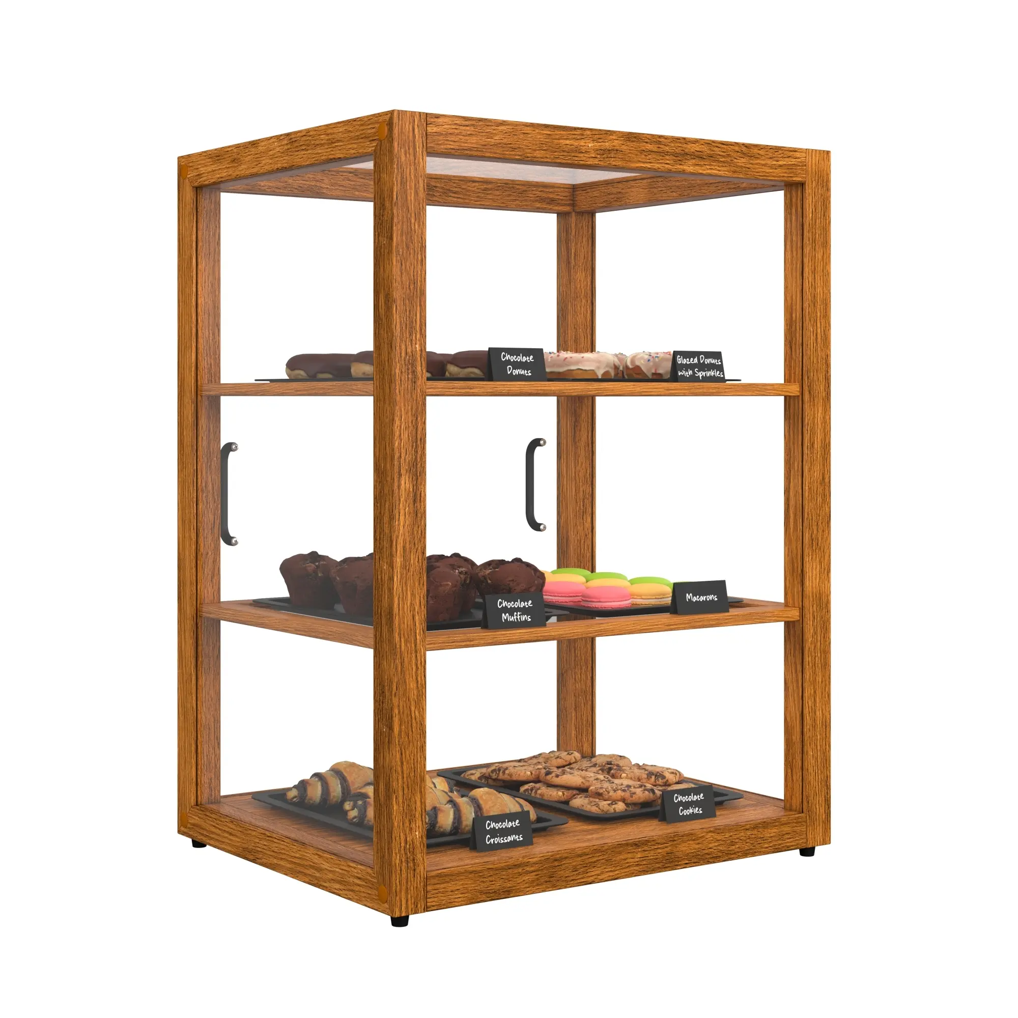 21 In. Minimalist Artisan Smooth Wooden Bakery Display Case - Home Organizer with 3-Layer Tempered Glass Sliding Doors, Silicone-Accented Shelves (Each Shelf Holds 22lbs, Single Unit, KM-BDW-25L)