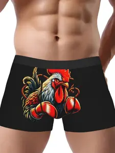 BIIHUDU Men'S Boxing Rooster Print Boxer Briefs - Vibrant Red & Orange Design, Comfortable Polyester Fabric, Medium Stretch U