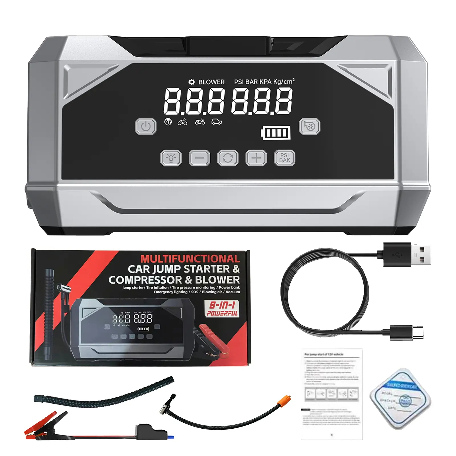 8-in-1 Car Jump Starter with Tire Inflator Car Emergency Jump Starter with Tire Inflator Air Compressor - Multi-Functional Portable Jump Box for Dead Battery, Tire Pump & Power Bank