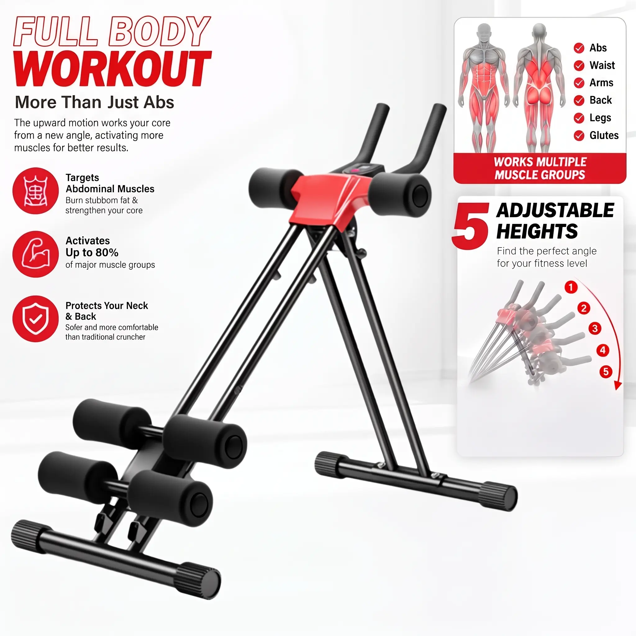 Adjustable Ab Workout Machine, Foldable Abdominal Trainer for Home Gym, Core Strength Training Equipment for Beginners, Full Body Exercise & Fitness