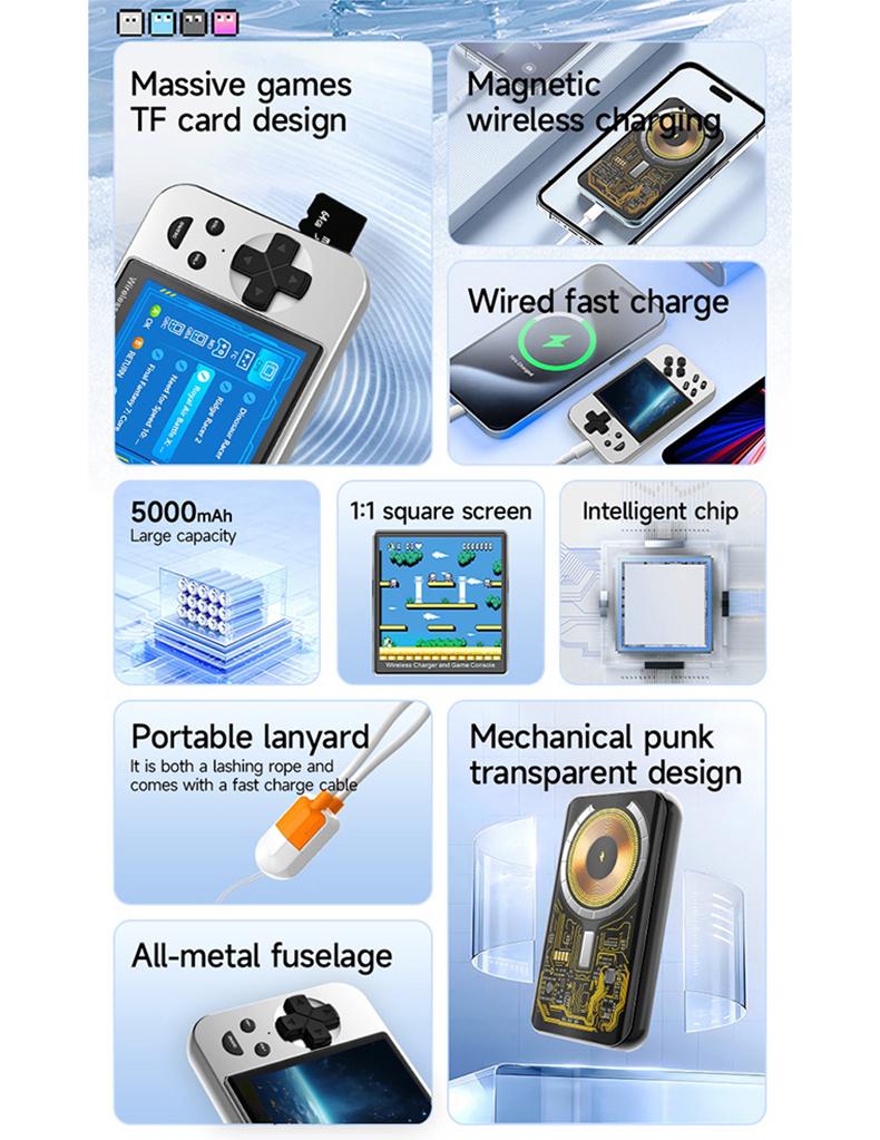 Multifunctional Game Console Power Bank, 20W Wireless Magnetic Charging, 6000+ Built-in Classic Games, MP3, MP4, Digital Photo Frame, E-book, Movie Player Best Holiday Gift.(silver)