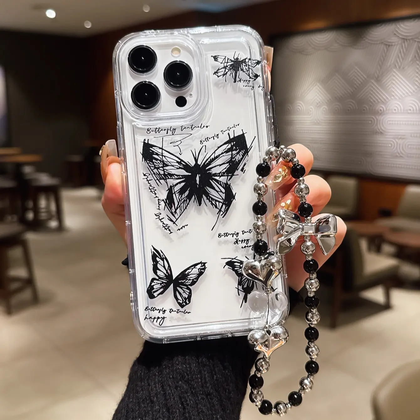 Gothic Aesthetic Sketch Butterfly Transparent Tpu Anti-Drop Protection Phone Case Cover with Chain Casing, Fits Apple iPhone & Samsung Models, Smartphone Cover, Cellphone Accessories