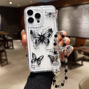 Gothic Aesthetic Sketch Butterfly Transparent Tpu Anti-Drop Protection Phone Case Cover with Chain Casing, Fits Apple iPhone & Samsung Models, Cellphone Accessories