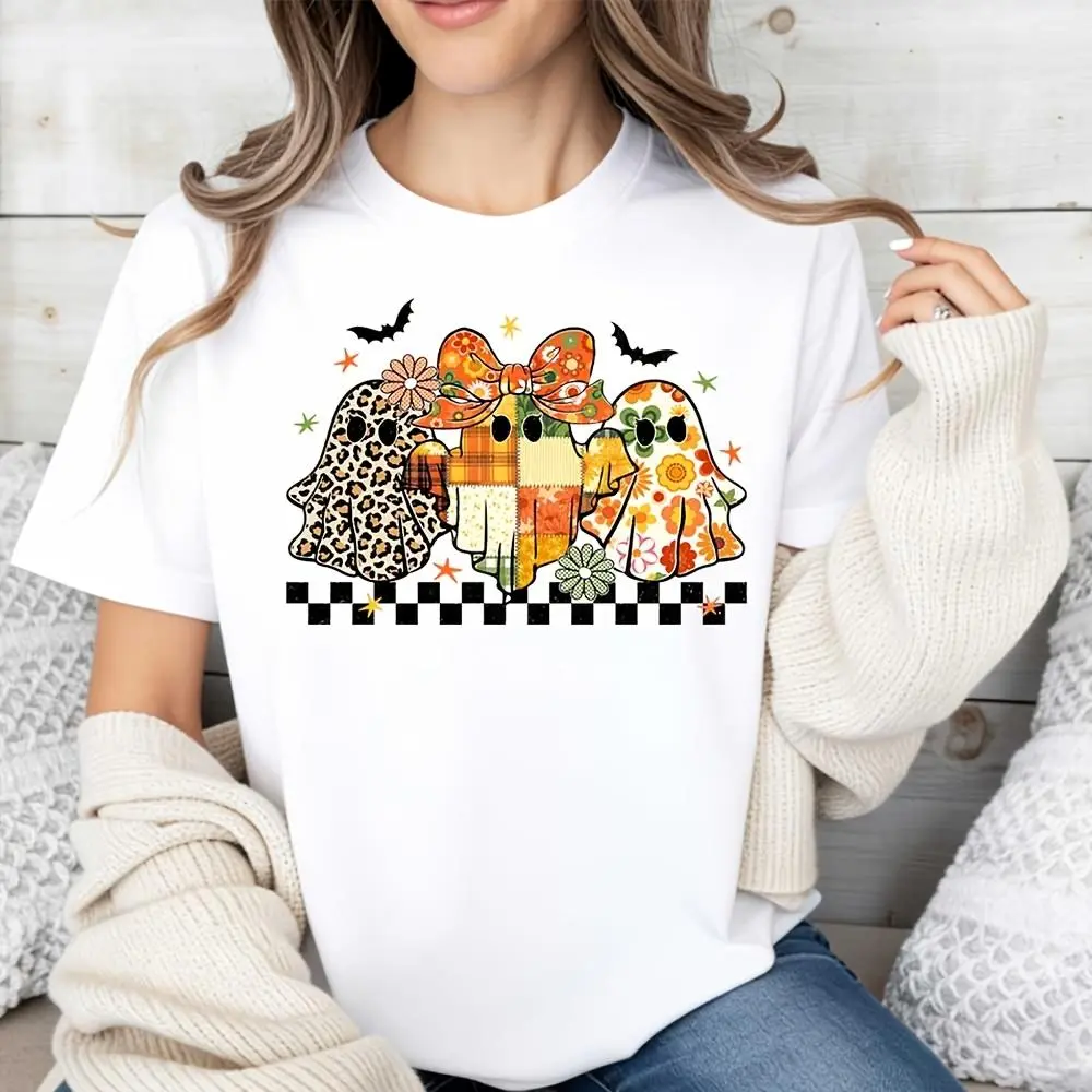 Patchwork Ghosts And Bows Print, Raglan Long-Sleeved T-Shirt, Halloween Holiday Theme, Casual Party Wear