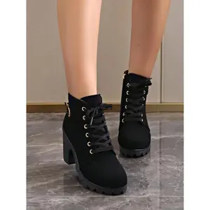 Women's Fashionable Solid Color Lace Up Front Platform Boots, Casual Comfortable Round Toe Boots Daily Wear, Female All-match Trend Shoes Daily Wear, Girl