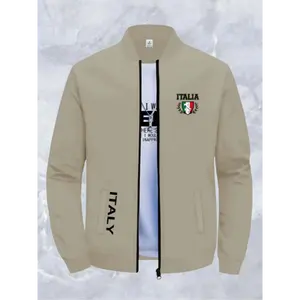 Men's Beige Italian Jacket - Zip-Up Baseball collar, Beige with Italia Graphic, Machine Washable Polyester Coat for Business, Travel, Formal Events - Mature Formal Outerwear, Business Casual, Zipper Front Closure, Functional Pockets, Office