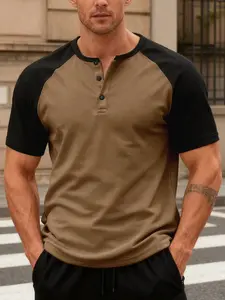 Men's Summer American Retro Henley Short Sleeve Tee with Color-block Raglan Sleeves! The waffle fabric adds texture, slimming and muscle-enhancing, effortle nailing the mature boyfriend style!