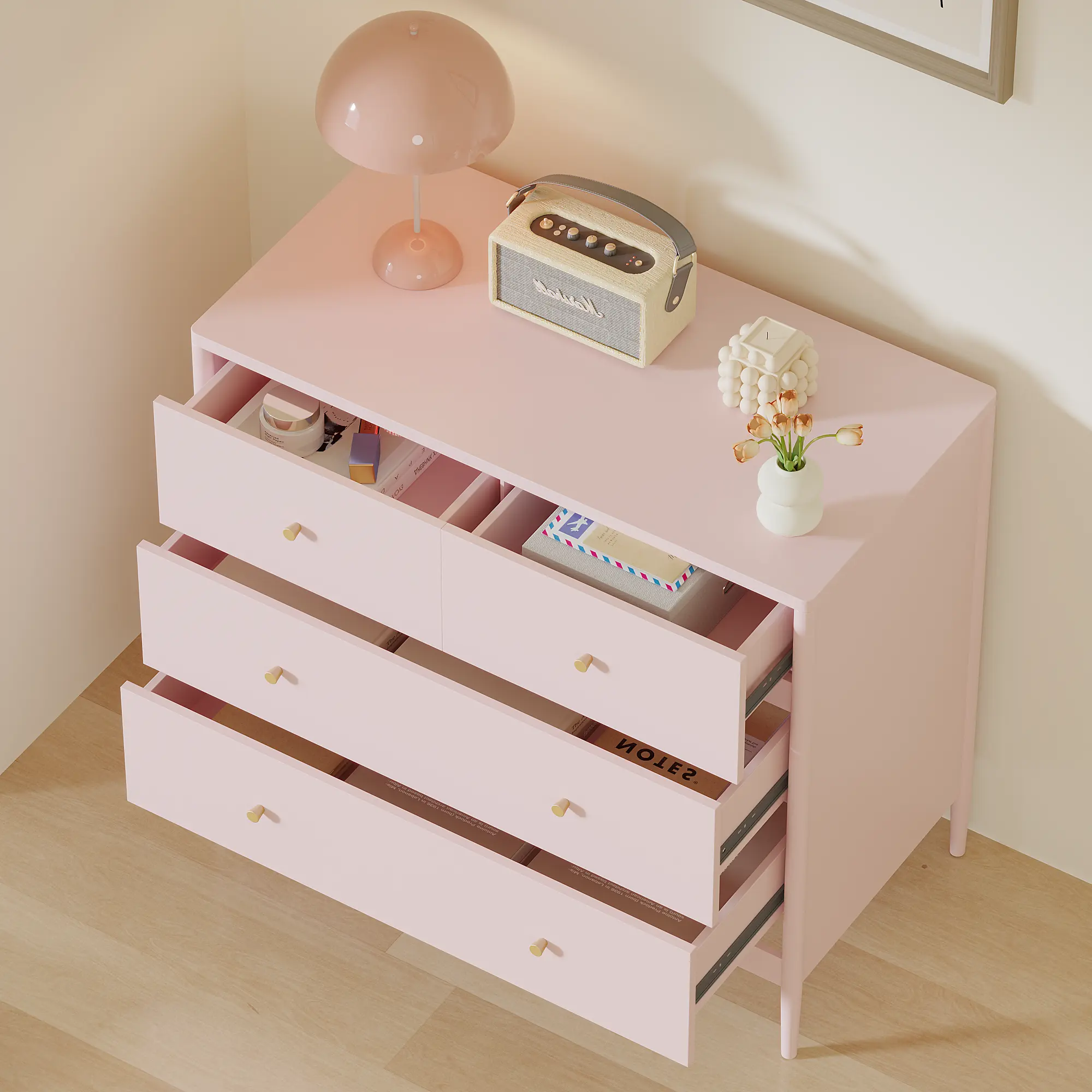 OPUL Modern Pink 4-Drawer Kids Dresser, Wooden Storage Cabinet for Toddler Bedroom, Nursery, Closet, Baby Nightstand Organizer for Living Room, Hallway, Office or Apartment, 35.4" Wide & Easy Assembly