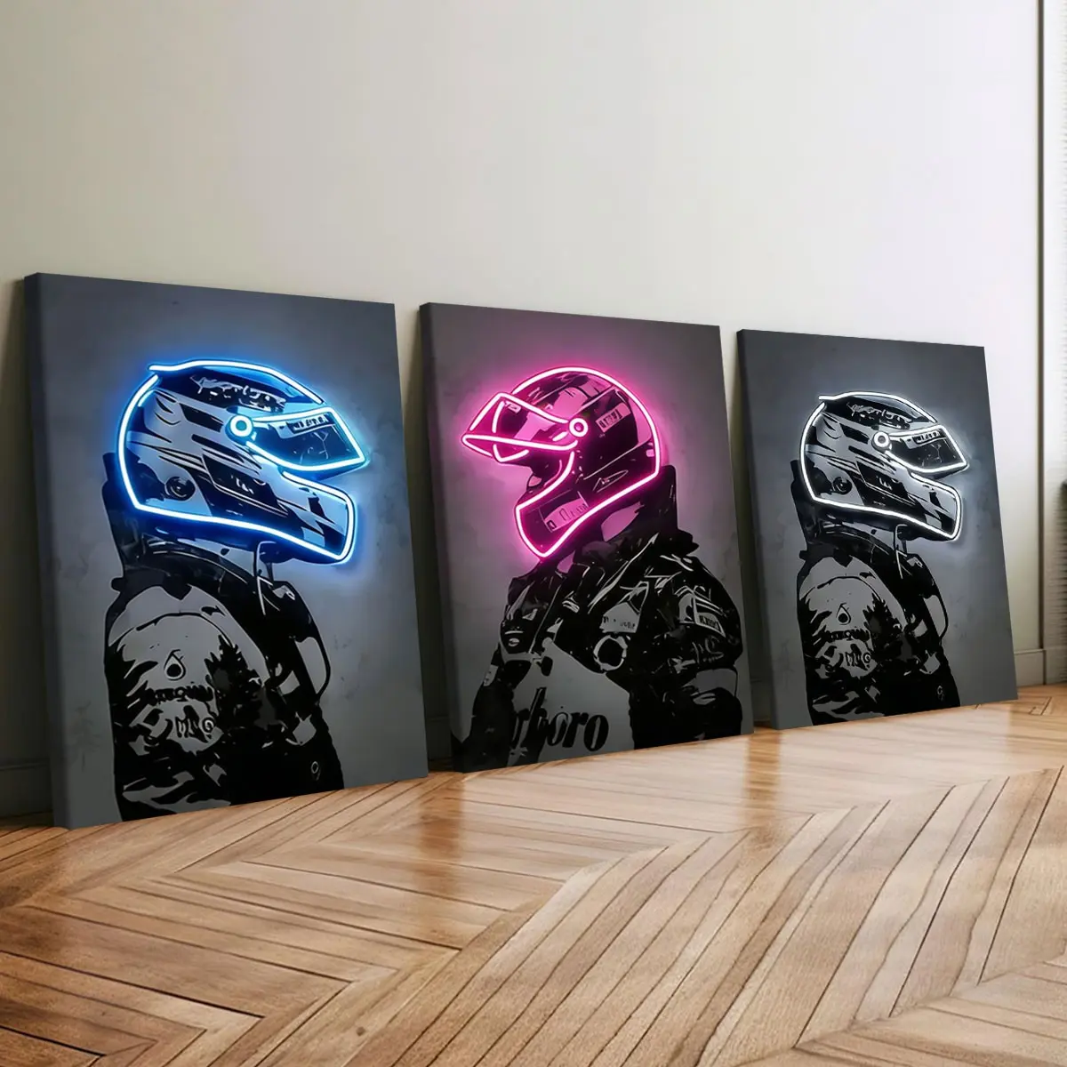 3-count wooden frame canvas, neon racing helmet poster, cool game room decoration, fashionable poster, suitable for living room and bedroom decoration, modern family poster, exquisite corridor wall art, waterproof printing