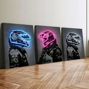 3-count wooden frame canvas, neon racing helmet poster, cool game room decoration, fashionable poster, suitable for living room and bedroom decoration, modern family poster, exquisite corridor wall art, waterproof printing