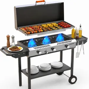 Veralune 2-in-1 Flat Top Gas Grill & Propane Griddle, 225,000 BTU 3-Burner Outdoor Stove with Lid, Electronic Ignition, Side Shelves & Regulator for Backyard BBQ, Patio Cooking, Camping