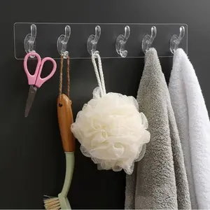 Transparent 6 Row Hooks No Trace Strong Hooks Sticky Rear Row Hooks for Hanging Towels Clothes and Coats Bathroom Accessories