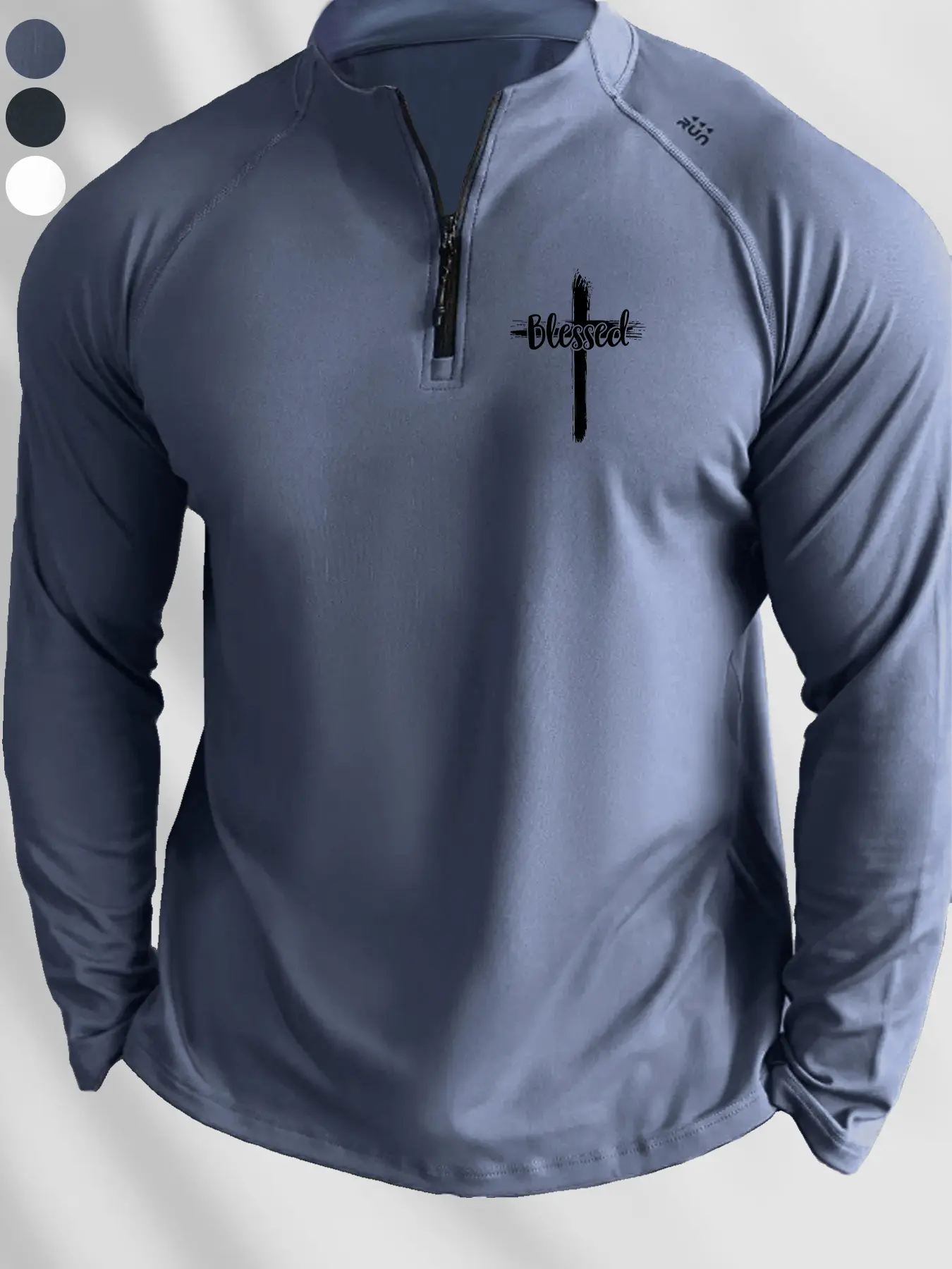 Men's Cross Print Half-Zip High Neck Long Sleeve Top, Moisture-Wicking Fabric, Gym Training Casual Style, Faith Theme Motivational Shirt, Gym Shirts, Casual Sports Tops