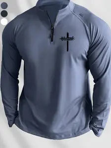Men's Cross Print Half-Zip High Neck Long Sleeve Top, Moisture-Wicking Fabric, Gym Training Casual Style, Faith Theme Motivational Shirt, Gym Shirts
