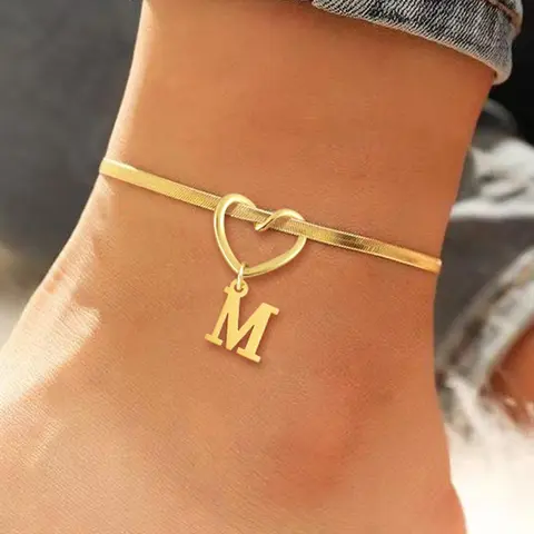 Heart Initial Anklet for Women, Fashionable Stainless Steel Herringbone Chain Anklet for Women & Girls, Fashionable Accessory, Trendy All-match & Exquisite Fashion Accessories for Birthday Gift