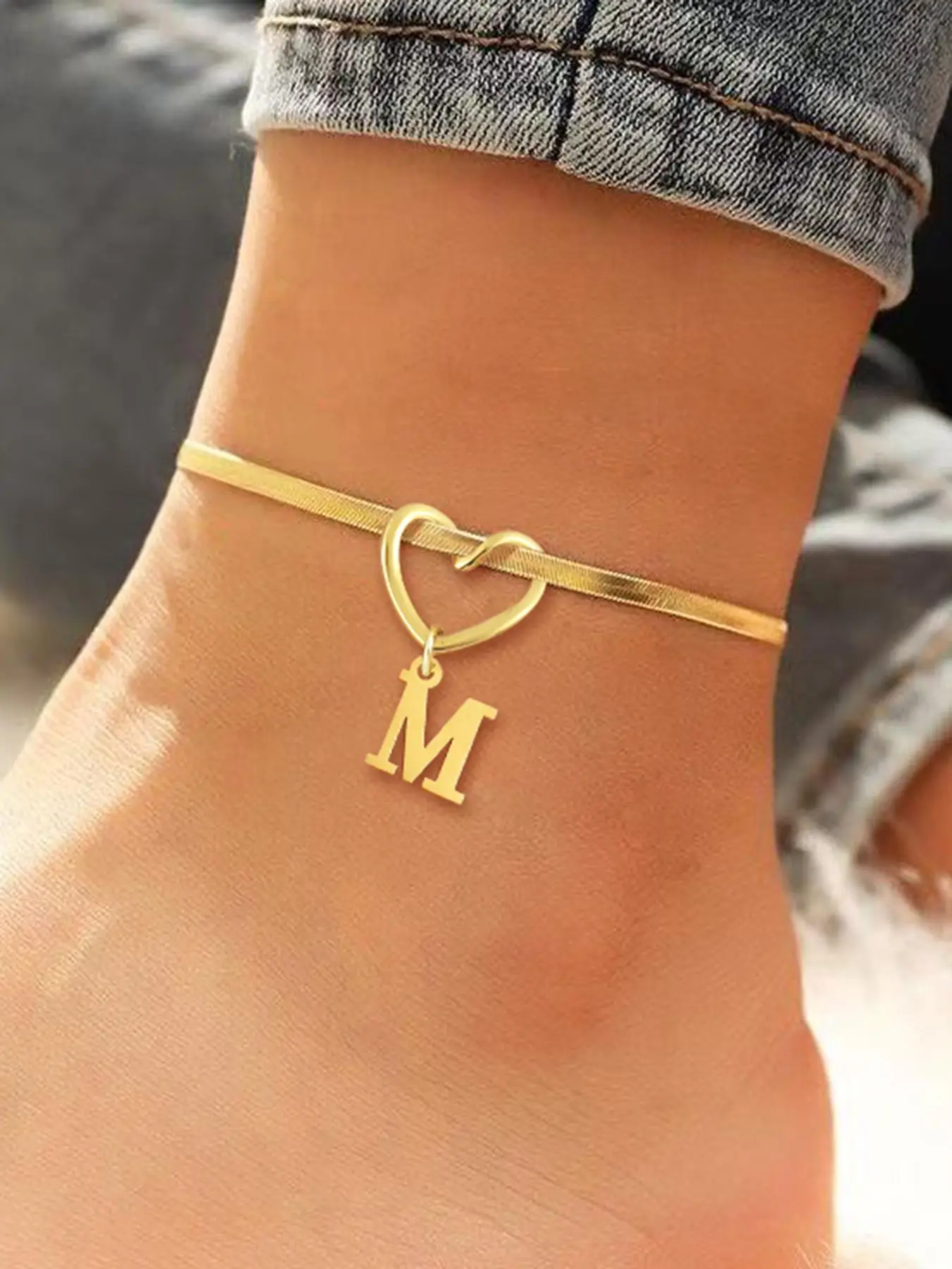 Heart Initial Anklet for Women, Fashionable Stainless Steel Herringbone Chain Anklet for Women & Girls, Trendy All-match & Exquisite Jewelry for Birth