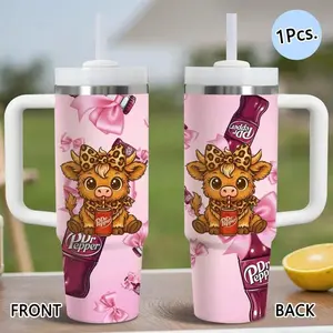 Dr-Pepper Cow Cut Cherry  Vacuum Flasks Insulated Thermos 40oz Stainless Steel Tumbler with Handle & Straw, Vacuum Insulated Travel Mug Keeps Drinks Cold Up to 34 Hours, Leak-Resistant Cup for Iced Coffee, Water, Office, Gym or Travel Drinkware