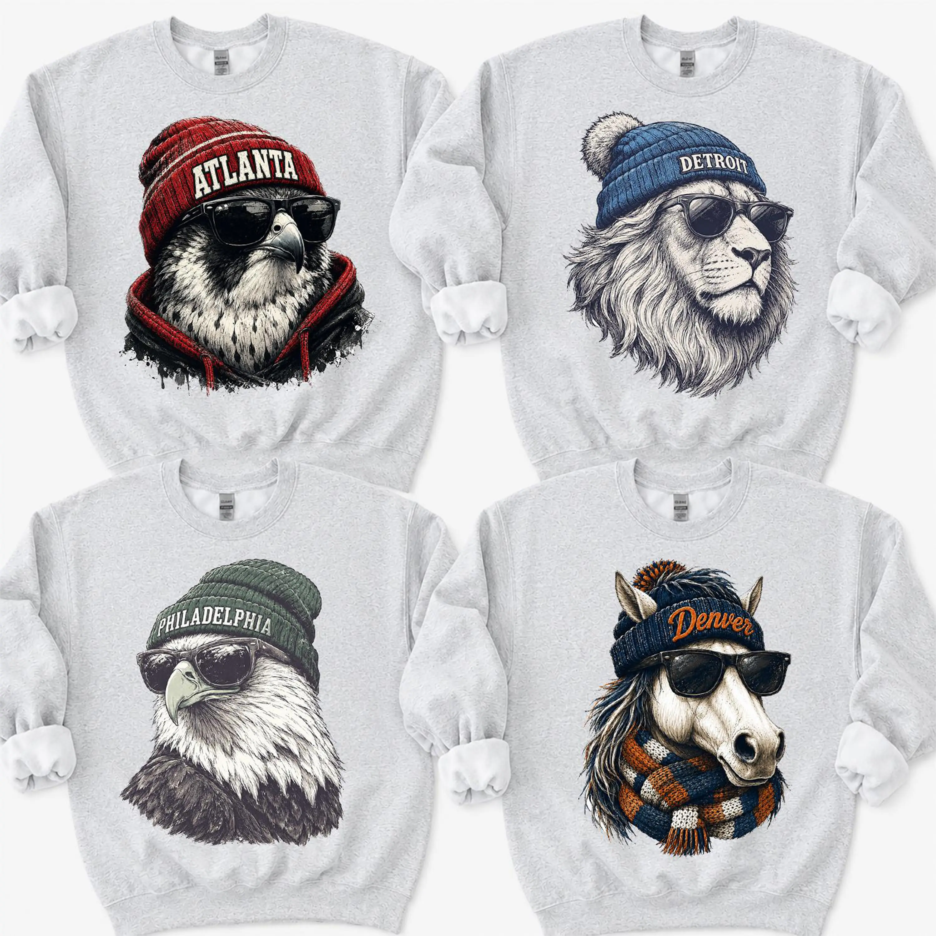 All 32 Teams Spirit Animal Football Graphic Sweatshirts, Team City Animal Sports Pullover, Home Town Ash Grey Sweatshirt Classic Sports Sweatshirt Show Your Pride for Football City