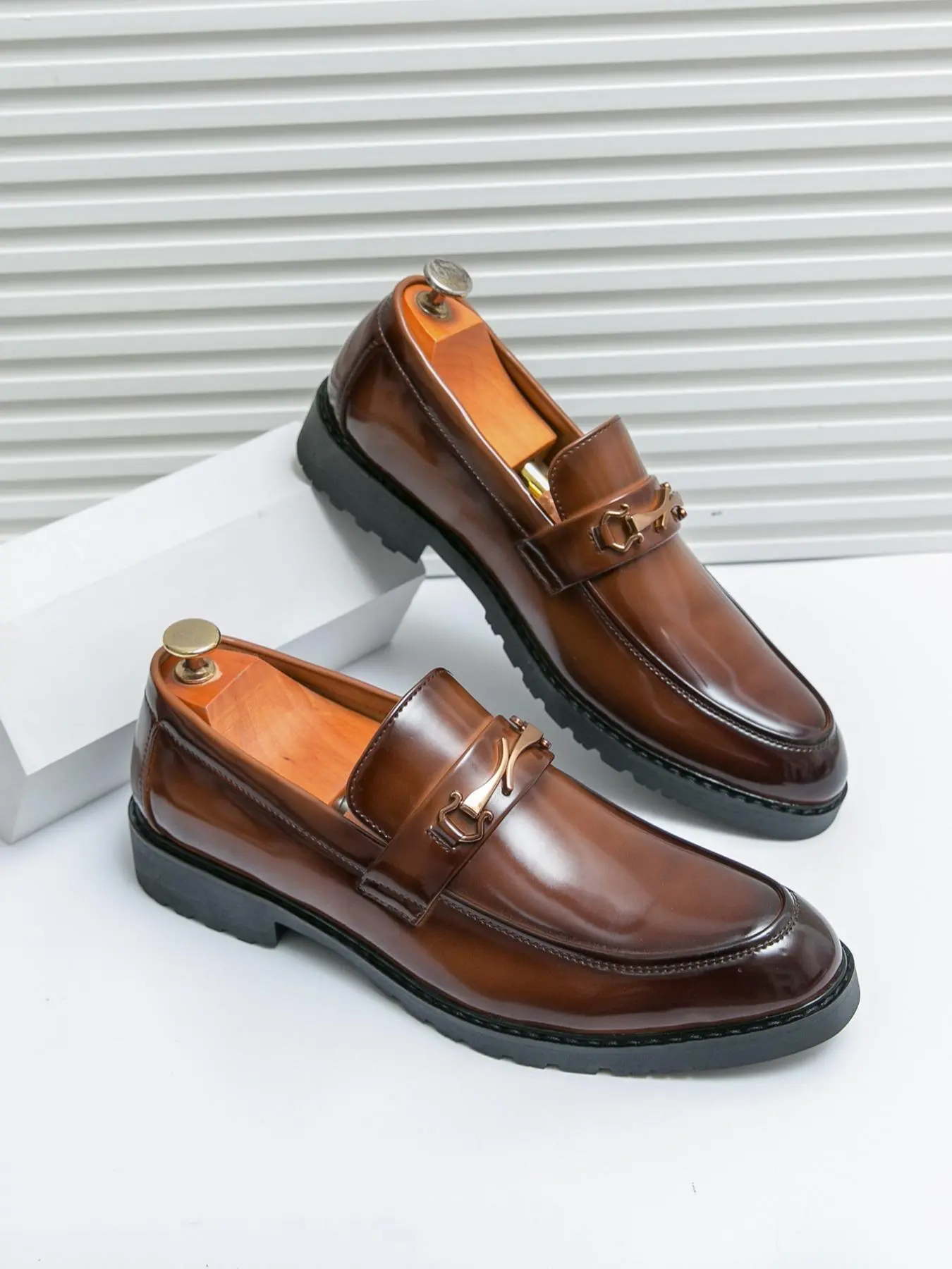 Men's Business Fashion Double Buckle Decorated Loafers, Round Toe Footwear, Formal Occasion Solid Color Dress Shoes, Male All-match Commuter Shoes for Work & Daily Wear, Original Shoes