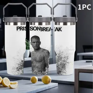 1pc 30oz portable thermos cup printed with the portrait of Michael Scofield from Prison Break, navy blue matte cup body with dark grey handle seal lid, PRISONBREAK split words and dense tattoo design, hardcore style of film and television