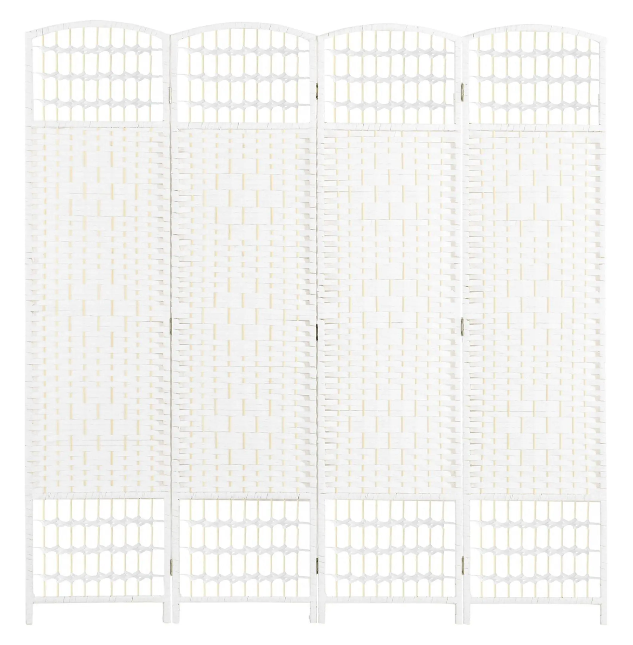 White Folding Privacy Screen, 4-Panel Room Divider for Home Office, Woven Fiber Partition
