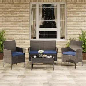 4-Piece Patio Furniture Set, Outdoor Wicker Furniture with Glass Coffee Table, Gray Rattan Conversation Set with Washable Cushions for Backyard, Porch, Poolside, Garden, Lawn