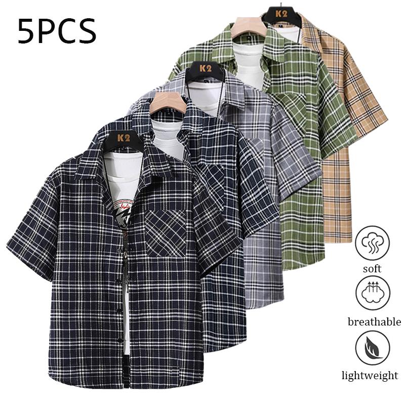 Men’s plaid button-collar long-sleeve cotton dress shirt, regular fit; plaid shirt; men’s top suitable for beach vacations, pool parties, and everyday casual wear; men’s shirt; men’s short-sleeve top Men's Striped Quick-Dry Polo Set Lightweight