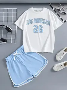 Girls' Summer Knitted Number Letter Print T-Shirt + Shorts Two-Piece Set, Casual Outfit Set, Casual Sports, Comfortable and Stylish, Casual Fashion Set