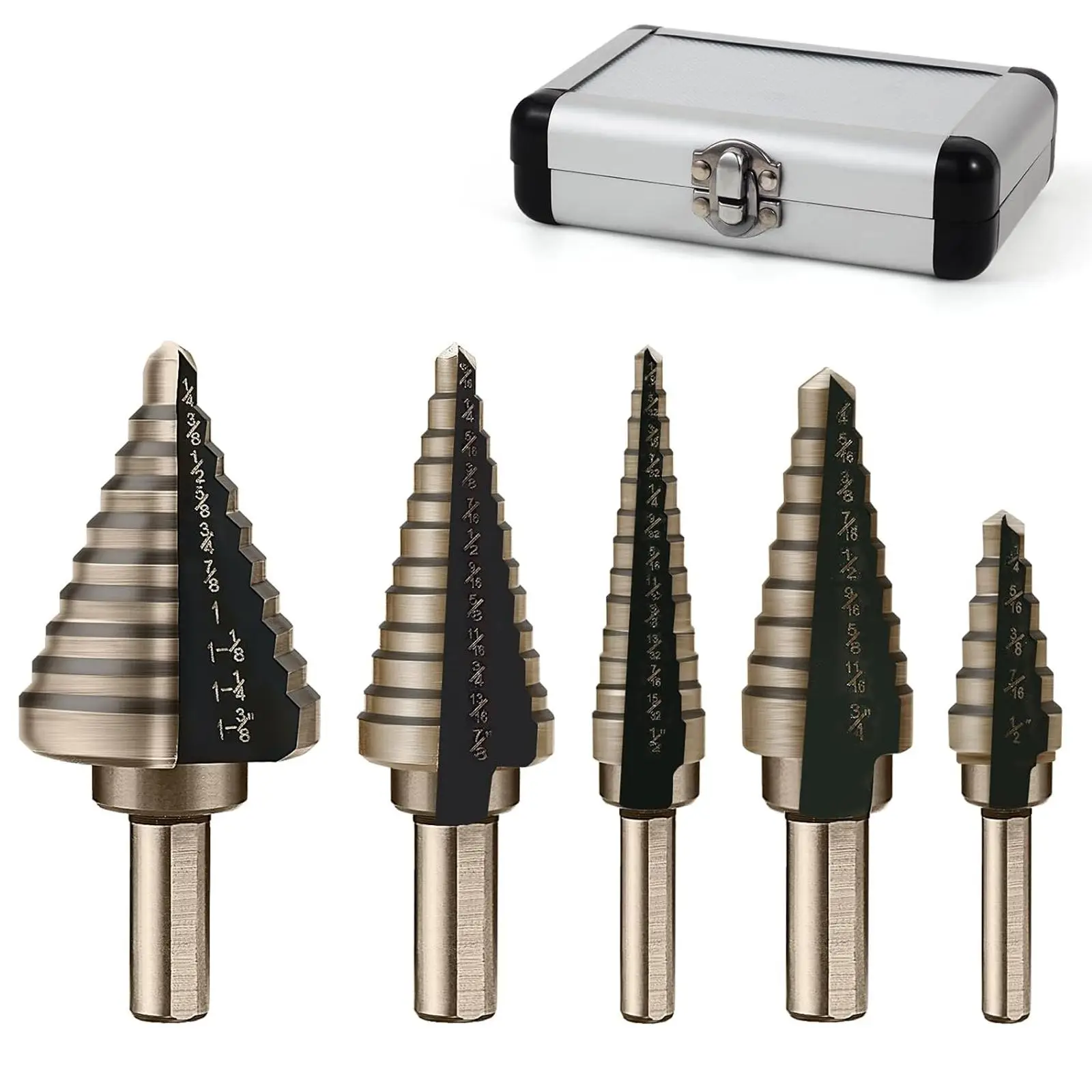 Titanium Step Drill Bit Set, Cobalt Step Drill Bits for Wood Plastic Sheet Soft Metal, Metric Step Drill Bit with Aluminum Case