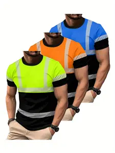Men's Fashion Spring Summer 3 Pack High Visibility Reflective Striped Printed Round Neck Short Sleeve T-Shirts, Casual Streetwear