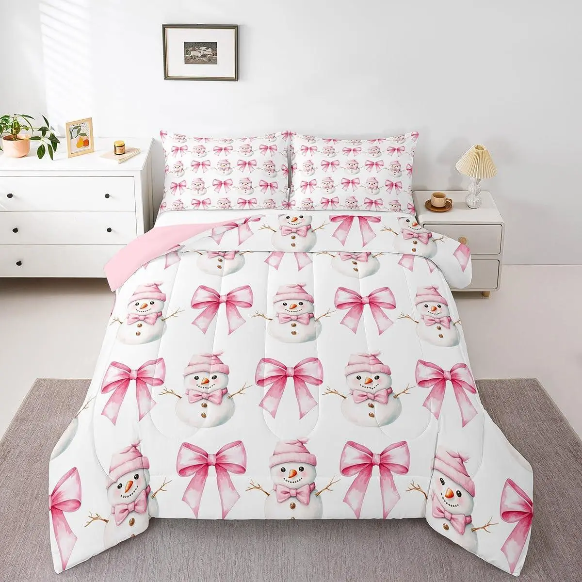 Cartoon Snowman Kids Comforter Set,Pink Bowknot Bow Tie Princess Toddler Bedding Set,Girls Women Room Decor,Merry Christmas Xmas Bow Down Comforter,New Year Duvet Insert