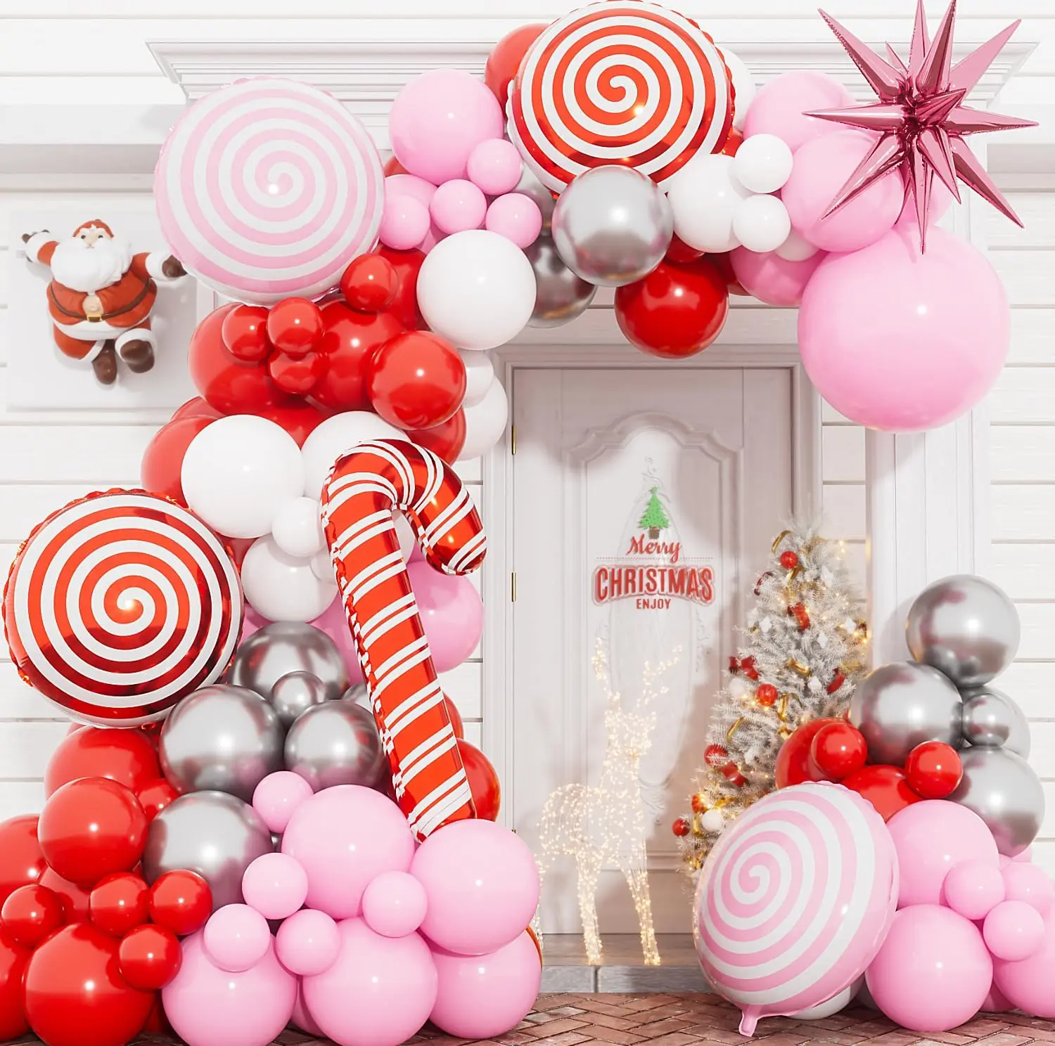 Christmas Balloon Garland Arch Kit, Red Pink Silver White New Years Xmas Balloons with Candy Cane,Pink Star,Lollipop Foil Balloons for Christmas Party Decorations Indoor,Birthday-128PCS