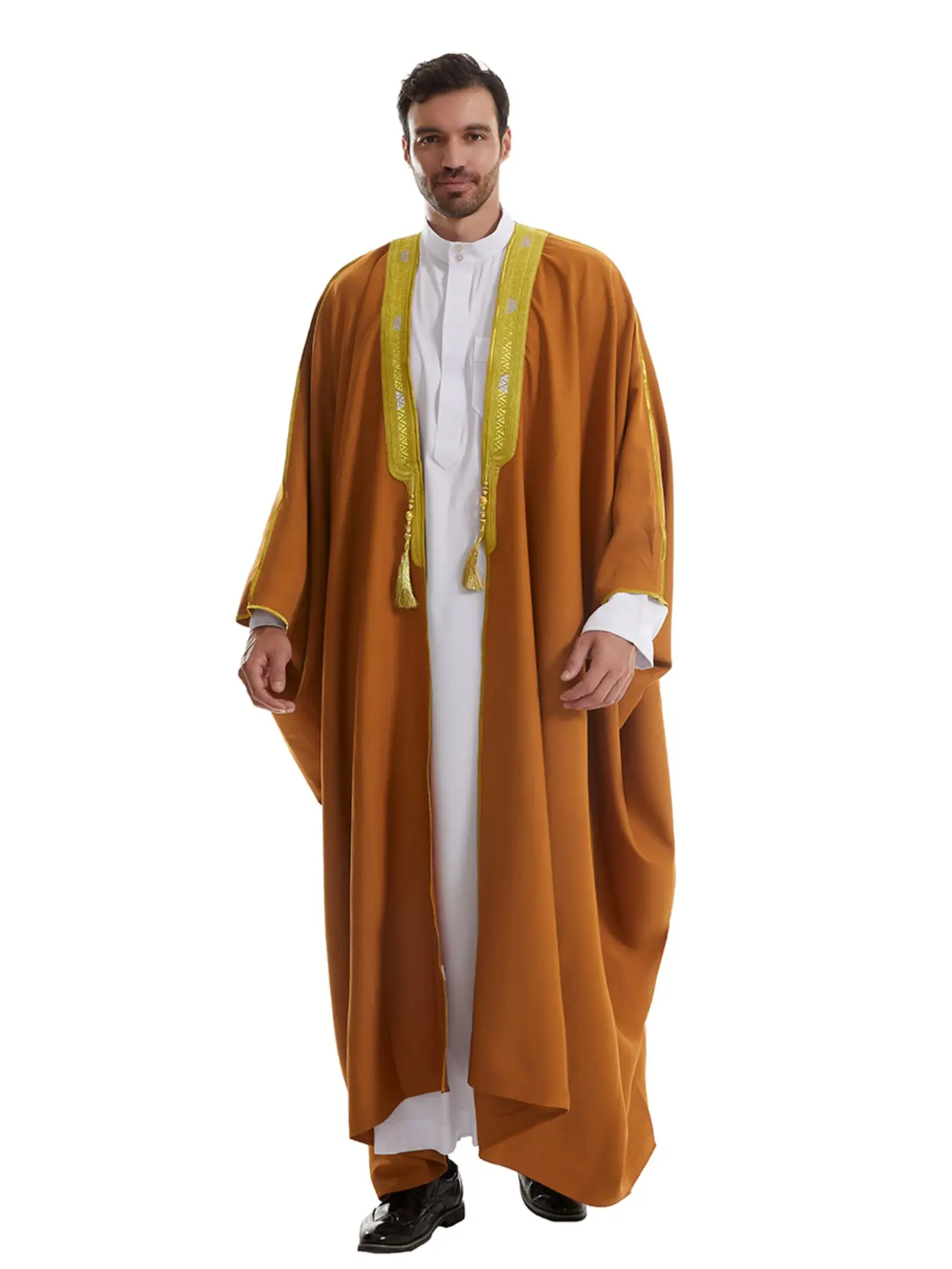 Luxury Arabic Men's Beaded Semi-Transparent Embroidered Fabric, Thick Double Layer Batwing Sleeve Outerwear, Available in Three Sizes and Colors