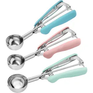 Scoop Set of 3, Stainless Steel Cookie Dough Scoops with Blue, Pink & Green Grips, Portion Scooper for Baking, Cupcakes & Ice Cream