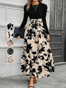 women's floral patchwork print belted ruffle hem a line dress, elegant puff sleeve round neck long dress for spring & fall, women's clothing for daily wear, womenswear everyday, garment, maxidresses