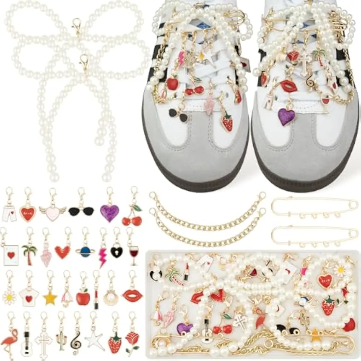 36 Pcs Shoe Charms Kit, Gold Flower Shoe Charms for Sneakers, Gold and Pearl Shoelace Charm for Sneakers, Bow Charm for Shoes, Cute Shoelace Decorations for Personalized Style