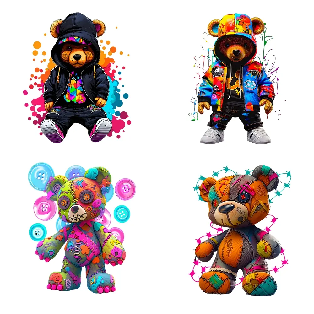 4pcs Cartoon Trendy Bear Iron-On Transfers, DIY Heat Transfer Stickers, DIY Craft Embellishments for Clothing, T-Shirts, Pillows, Jeans, Masks, Backpacks, Hats