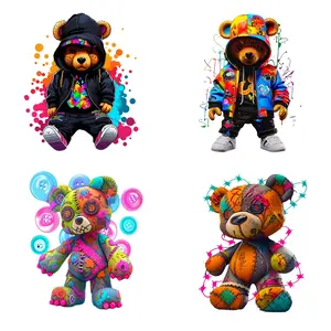 4pcs Cartoon Trendy Bear Iron-On Transfers, DIY Heat Transfer Stickers for Clothing, T-Shirts, Pillows, Jeans, Masks, Backpacks, Hats