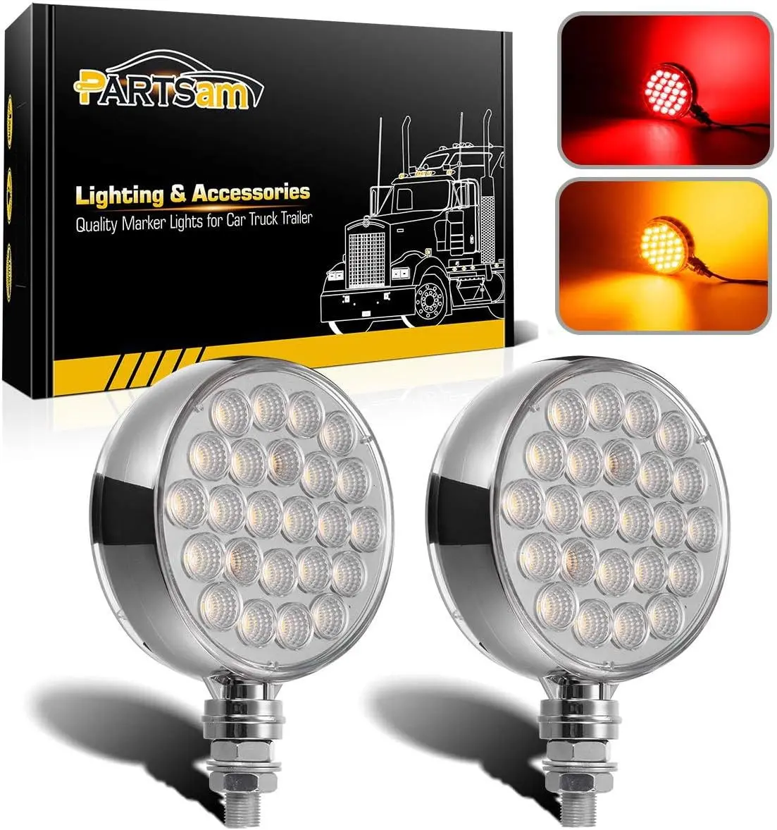 Partsam 2Pcs Double Face Round LED Pedestal Lights Fender Stop Turn Signal Tail Brake Lights Clear Lens 48 LED Post Mount Semi Trailer Replacement for Trailers Trucks, 10-30V