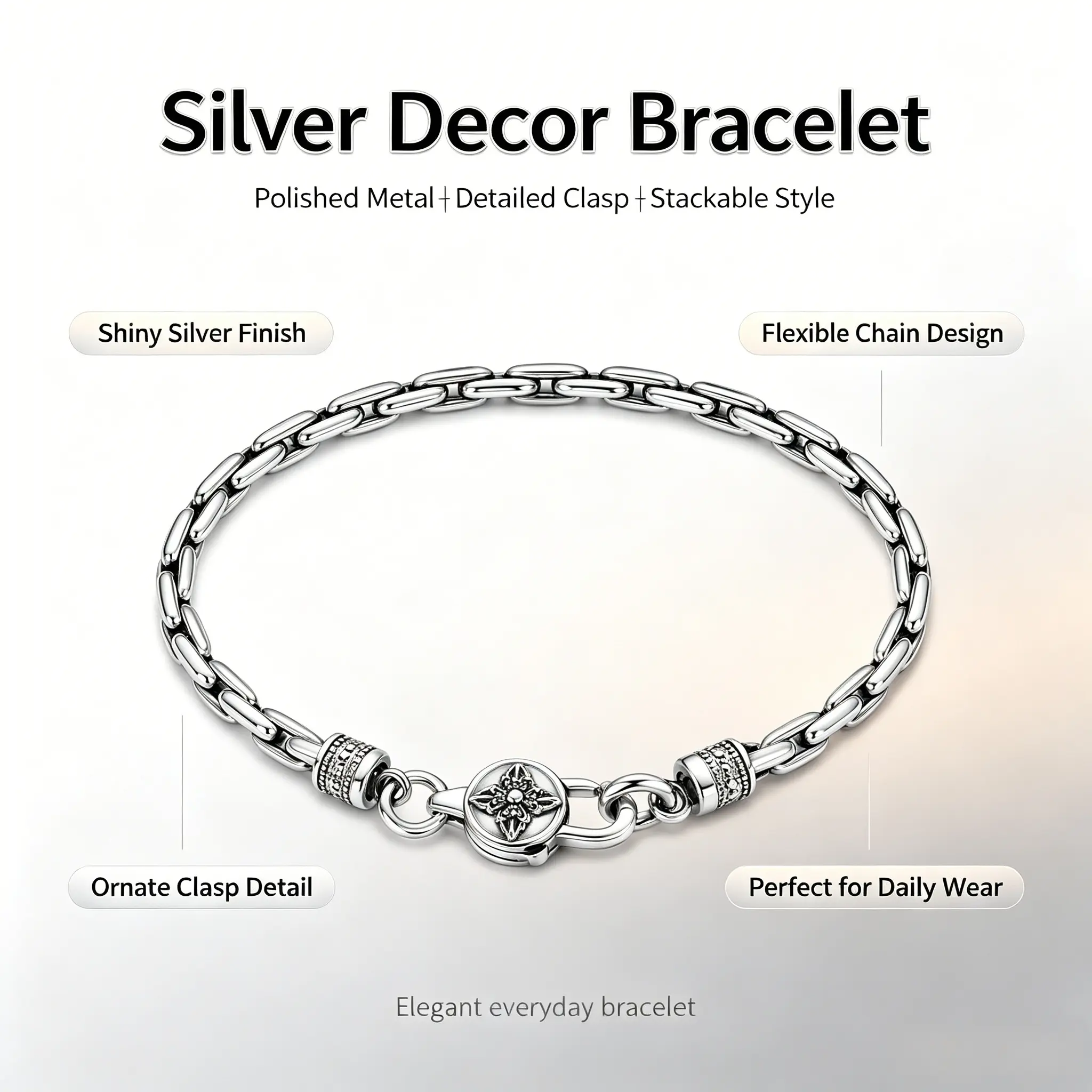 Men's Antique 4-Petal Flower Oval Link Bracelet - Copper-Plated Silver Oxidized Thick Chain Wrist Jewelry with Biker Toggle Clasp, Gift for Men