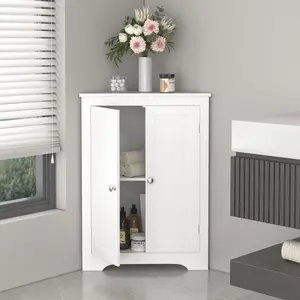 White Freestanding Corner Storage Cabinet, 2 Doors Floor Cabinet with Adjustable Shelf, Multipurpose Organizer for Bathroom Kitchen Bedroom