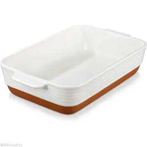Baking Dish 4.8 Qt Ceramic Casserole & Lasagna Pan, 9x13 Inch Deep Rectangular Oven Safe Dish with Handles for Baking, Roasting, Serving (Khaki & White) - Series TaraAB10TitanFix