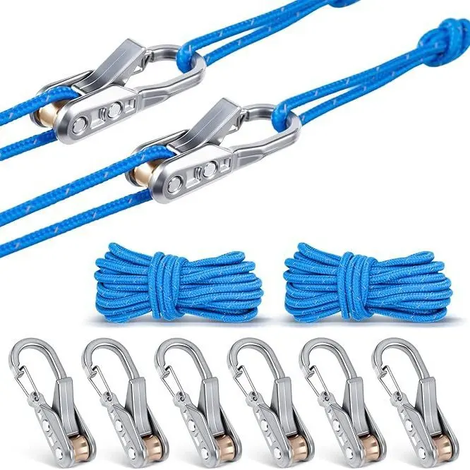 Steel+Brass Roller Rope Adjuster with Stainless Steel Spring, 1-Handed Quick Rope Tensioner (66lb Capacity) with Double-Row Fixed Stud Fastener, Anti-Slip Rust-Resistant Carabiner Clip for Camping Tarps, Boating Gear