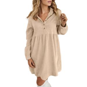 Asvivid Women's Casual Corduroy Half Button Collared Long Sleeve Mini Dress with Pocket - Plain Color Spring Fall Fashion Clothing