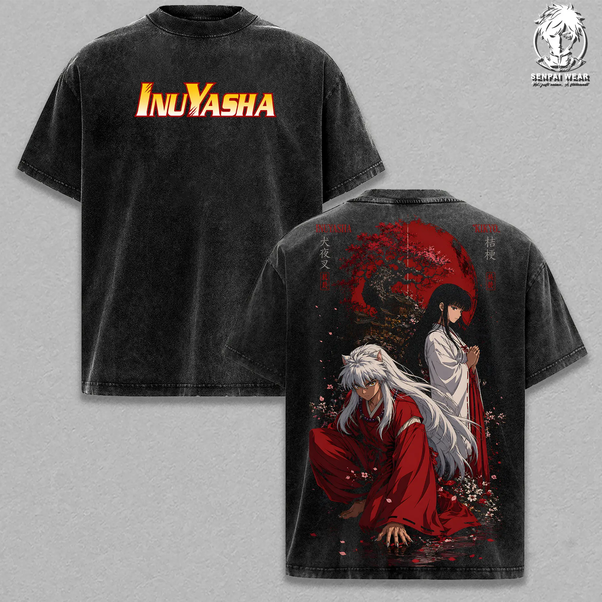 Inuyasha x Kikyo - Inuyasha Graphic Tee Vintage Washed Shirt Unisex Streetwear Anime Merch Half Demon Priestess Tee Manga T-Shirt Gift for Anime Lovers Inuyasha Fans Clothes Cotton