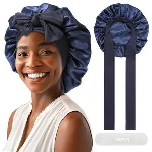 Double-Layer Blue Solid Color Adjustable Satin Bonnet for Women Hair Bonnet for Sleeping Large Sleep Cap with Wide Elastic Band for Sleeping with 45-piece suit Waterproof Disposable Shower Caps Cover