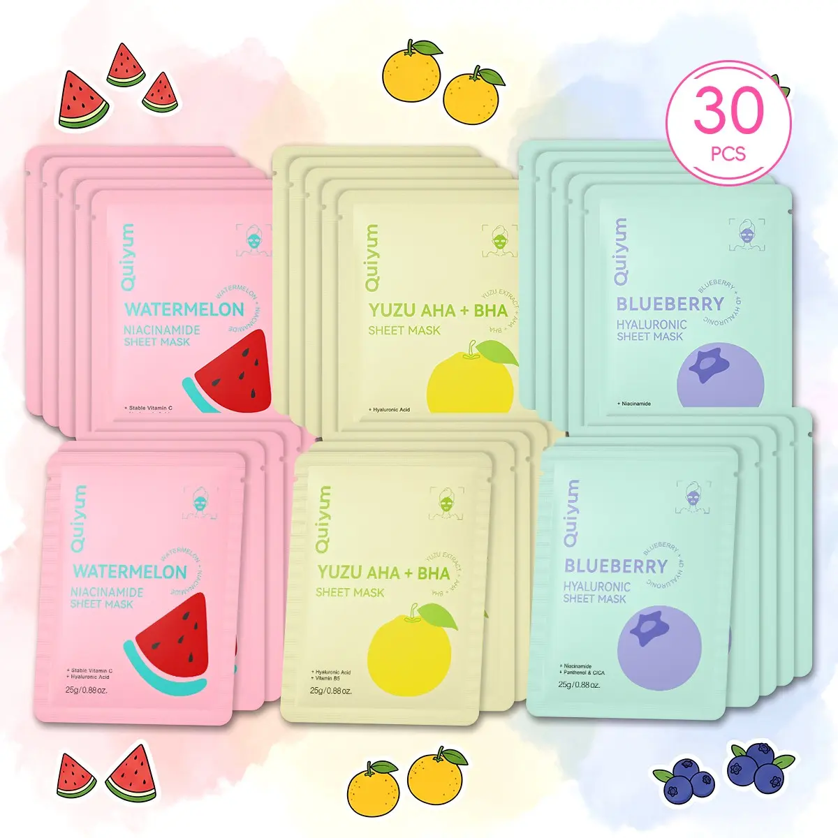QUIYUM Hydrate Fruit & Turmeric Facial Sheet Mask Bundle | Refreshing Hydrating Moisturize Brightening Soothing Face Mask Set for Glowing Skin